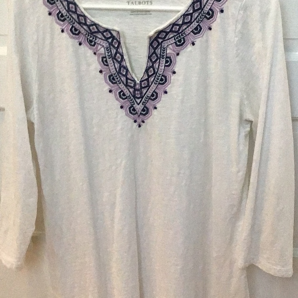 Talbots White Embroidered Tunic with Three-Quarter Sleeves